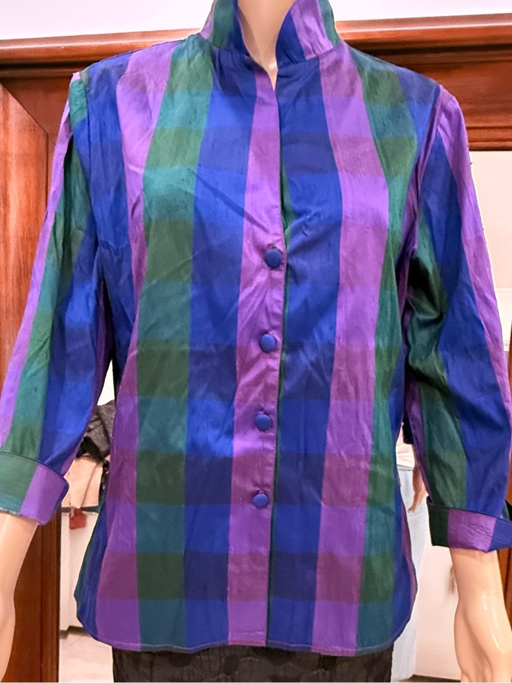 Vintage Chris Kellogg Palm Beach 100% Silk Plaid Blouse M Made in USA Sz M